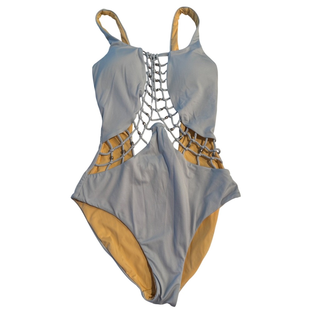 Dolce Vita Womens Studded Macrame Cutout One Piece Swimsuit Lt Blue Small